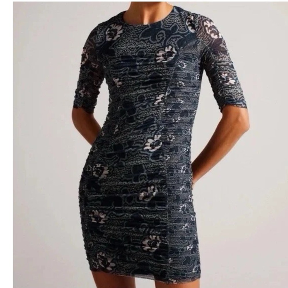 Ted Baker Dress Women 6 Navy Floral Lace Ruched Mesh Bodycon Mini Dress